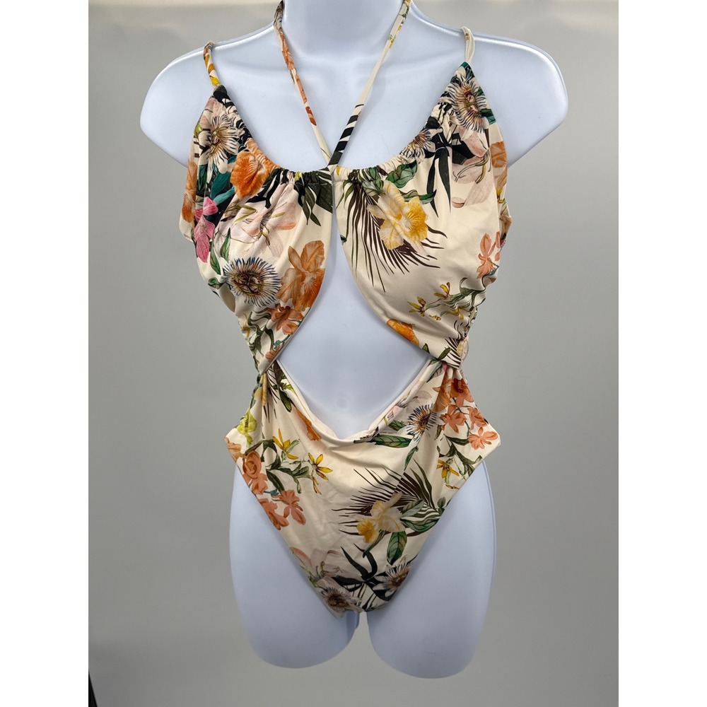 ENVYA Floral Cutout Monokini One Piece Swimsuit Cream Tropical S0469B L